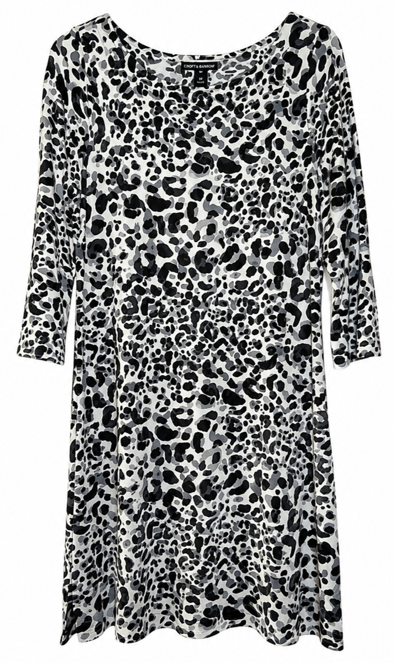 Tommy Bahama Leopard Print Dress M Black White 3/4 Sleeve Swing Dress Resortwear